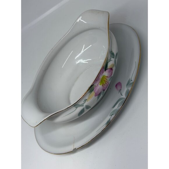 VTG Noritake Azalea Gravy Sauce Boat Attached Underplate Hand Painted Japan READ - Picture 5 of 8